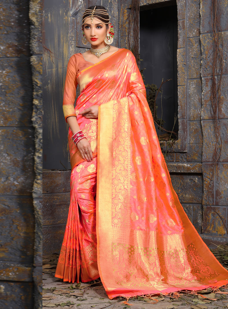 Peach Banarasi Silk Festival Wear Saree 130642