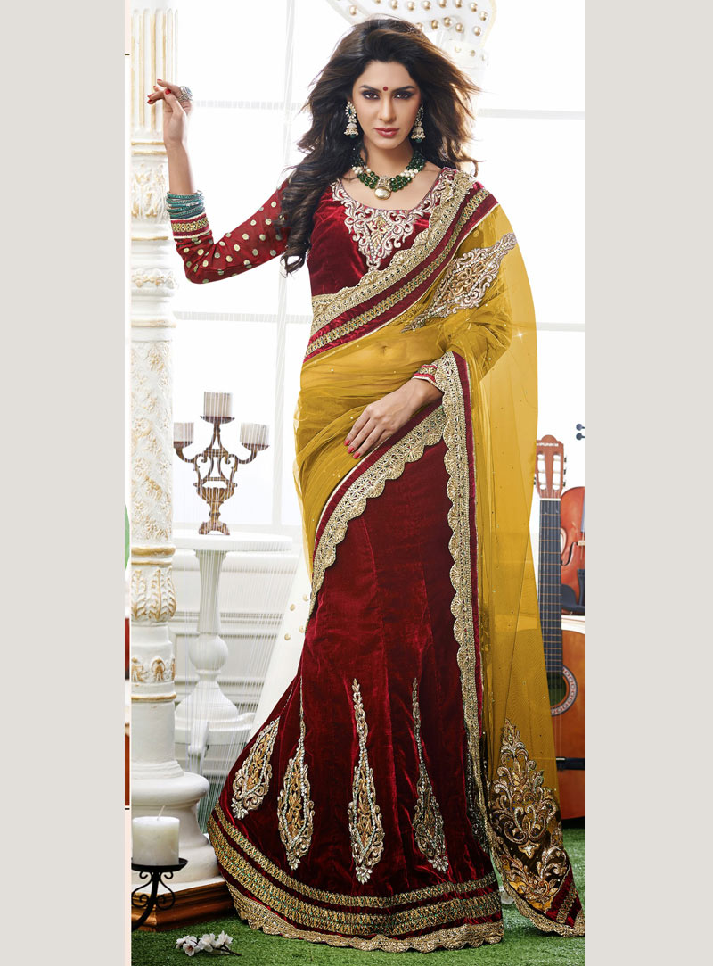 Staggering Maroon And Beige Color Lehenga Saree