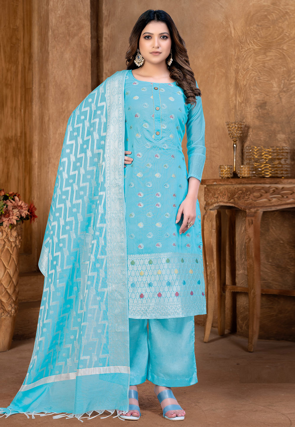 Sky Blue Banarasi Jacquard Palazzo Suit 257594