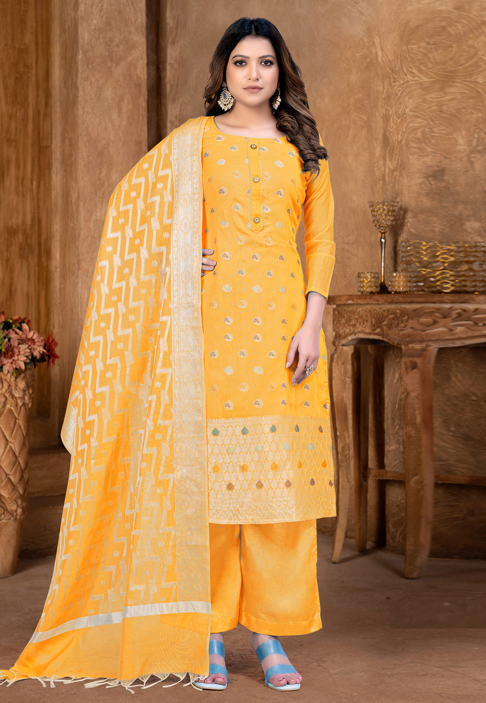 Yellow Banarasi Jacquard Pakistani Suit 257595