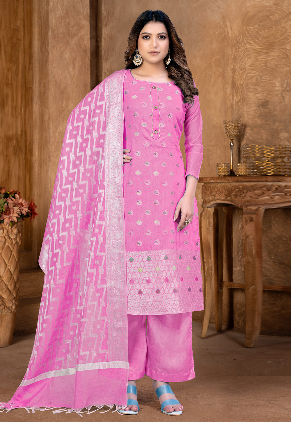 Pink Banarasi Jacquard Pakistani Suit 257597