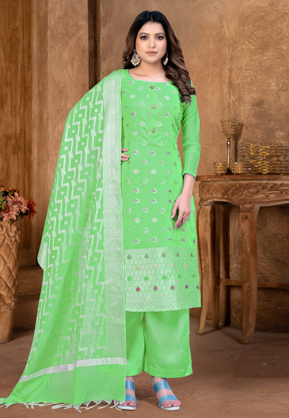 Light Green Banarasi Jacquard Palazzo Suit 257598