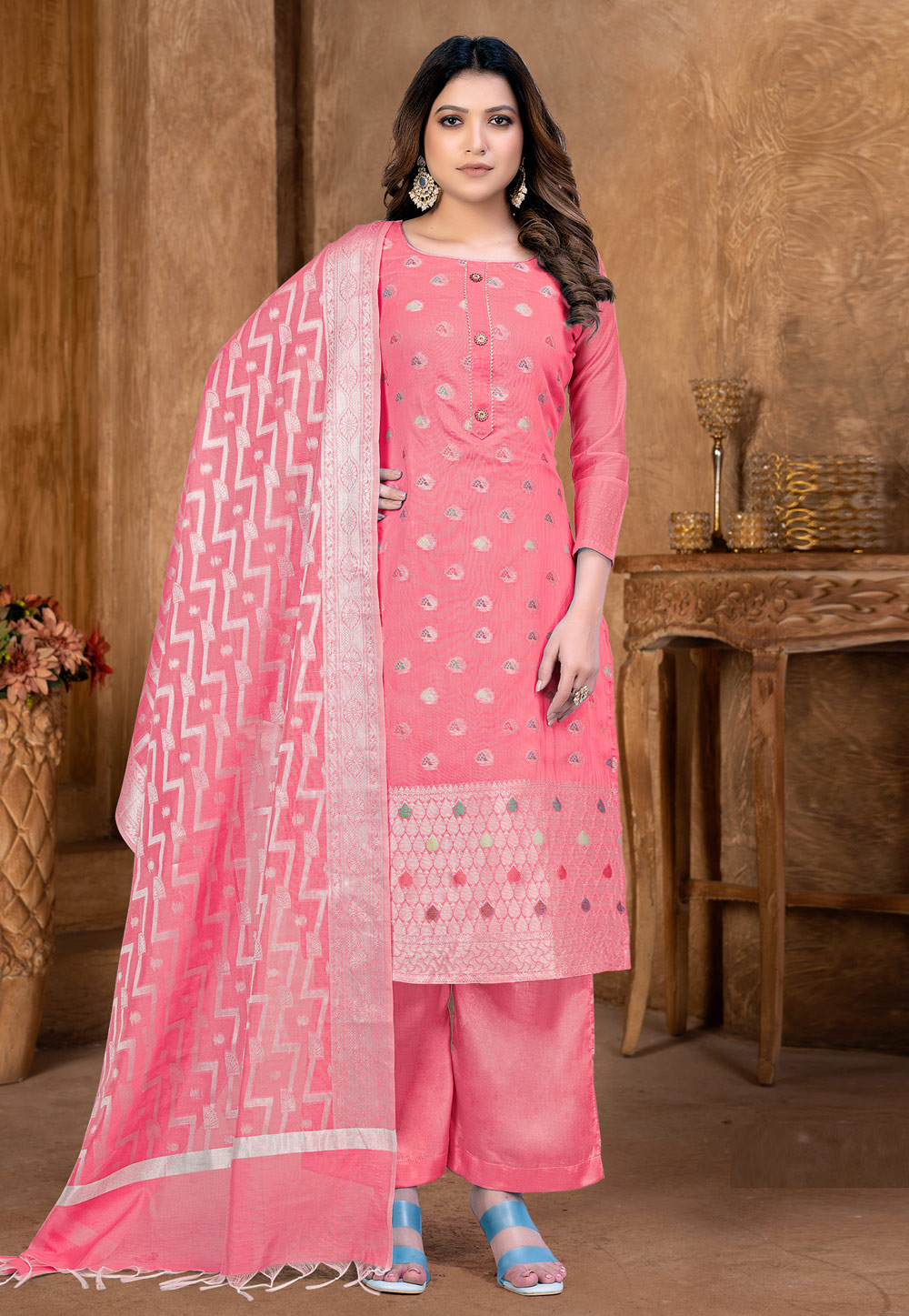 Pink Banarasi Jacquard Pakistani Suit 257599