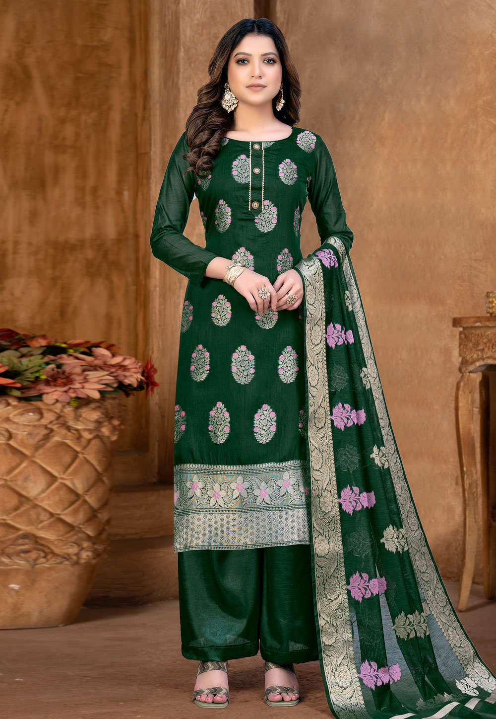 Green Banarasi Jacquard Pakistani Suit 257601