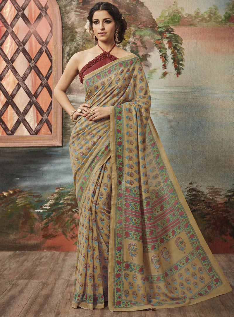 Beige Art Silk Printed Saree With Blouse 86992