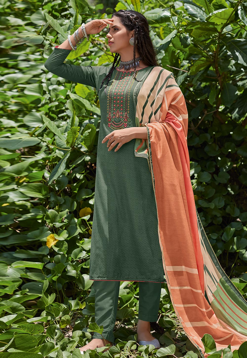 Olive Green Cotton Kameez With Pant 199111