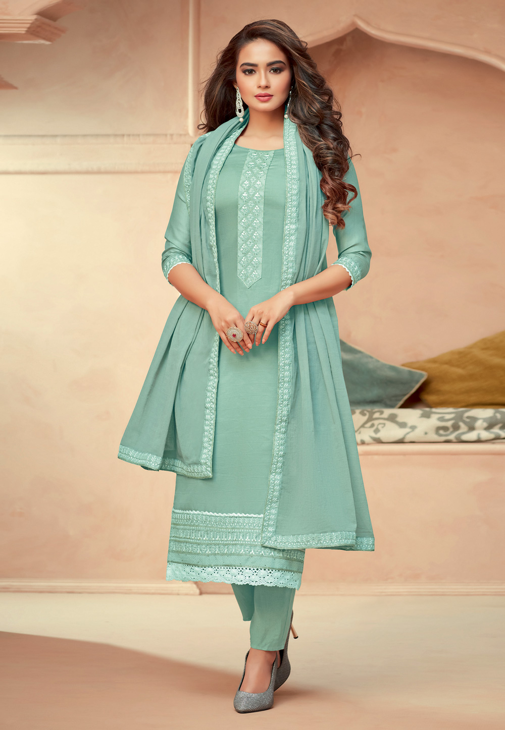 Sea Green Silk Pant Style Suit 233948