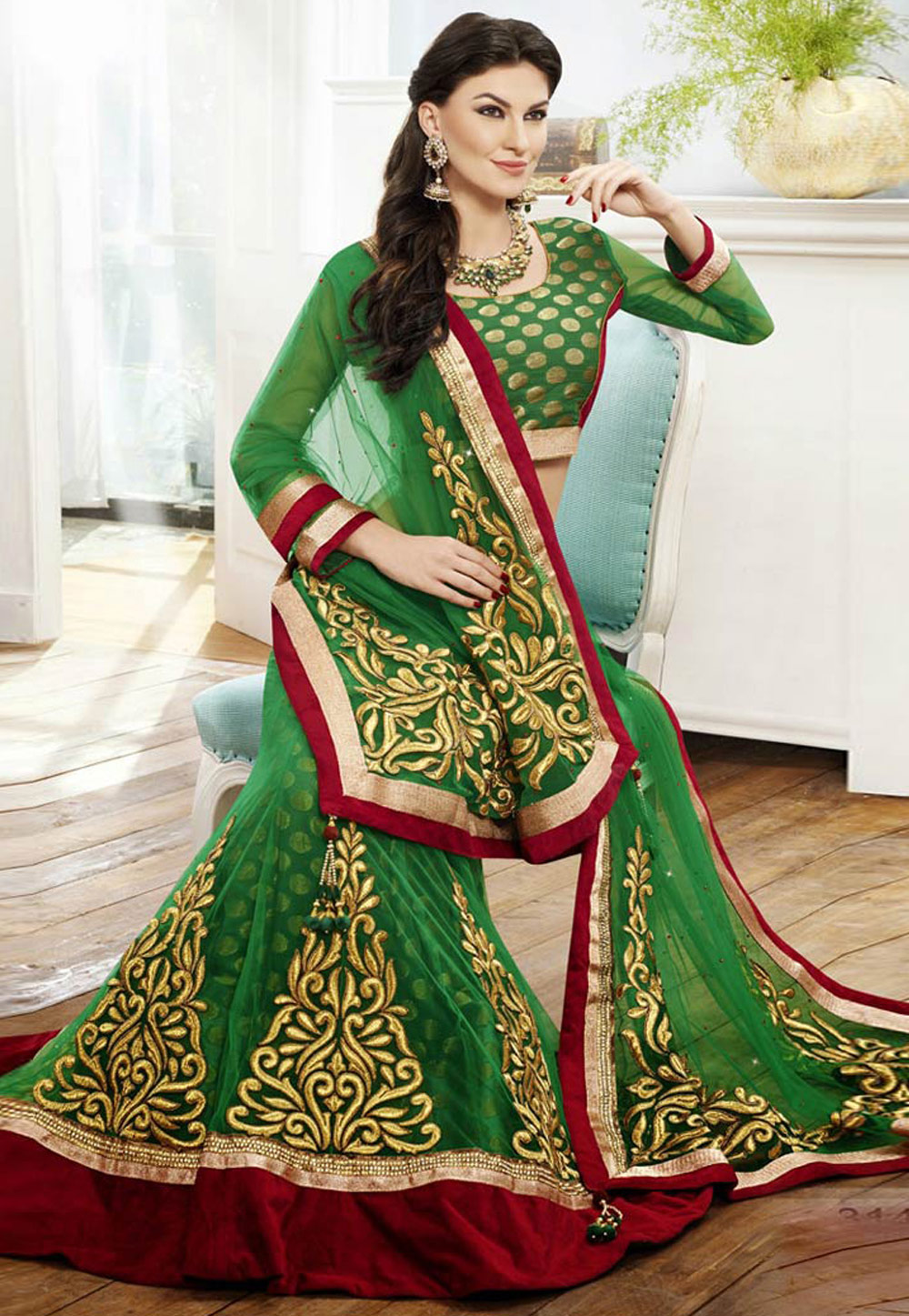 Green A Line Embroidered Wedding Lehenga Choli 32501
