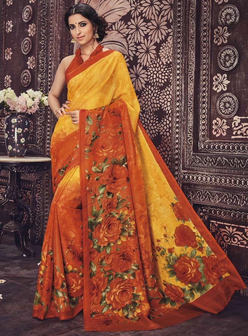 Orange Art Silk Printed Saree With Blouse 86653