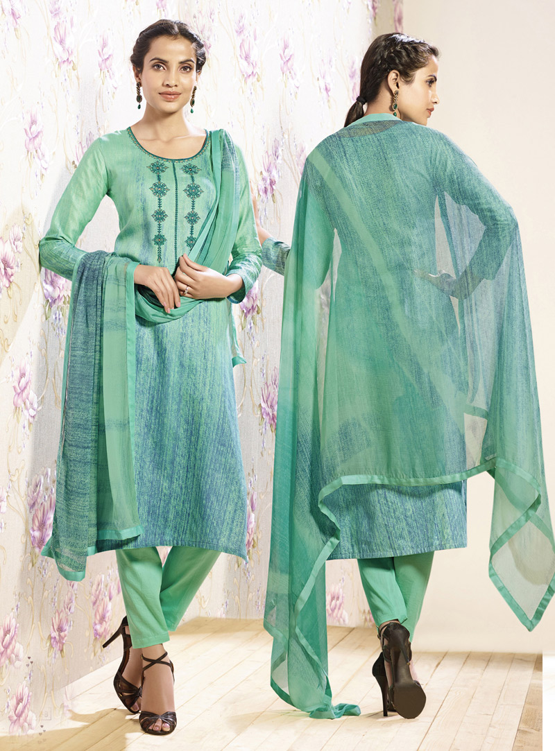 Sea Green Cotton Pakistani Style Suit 127268