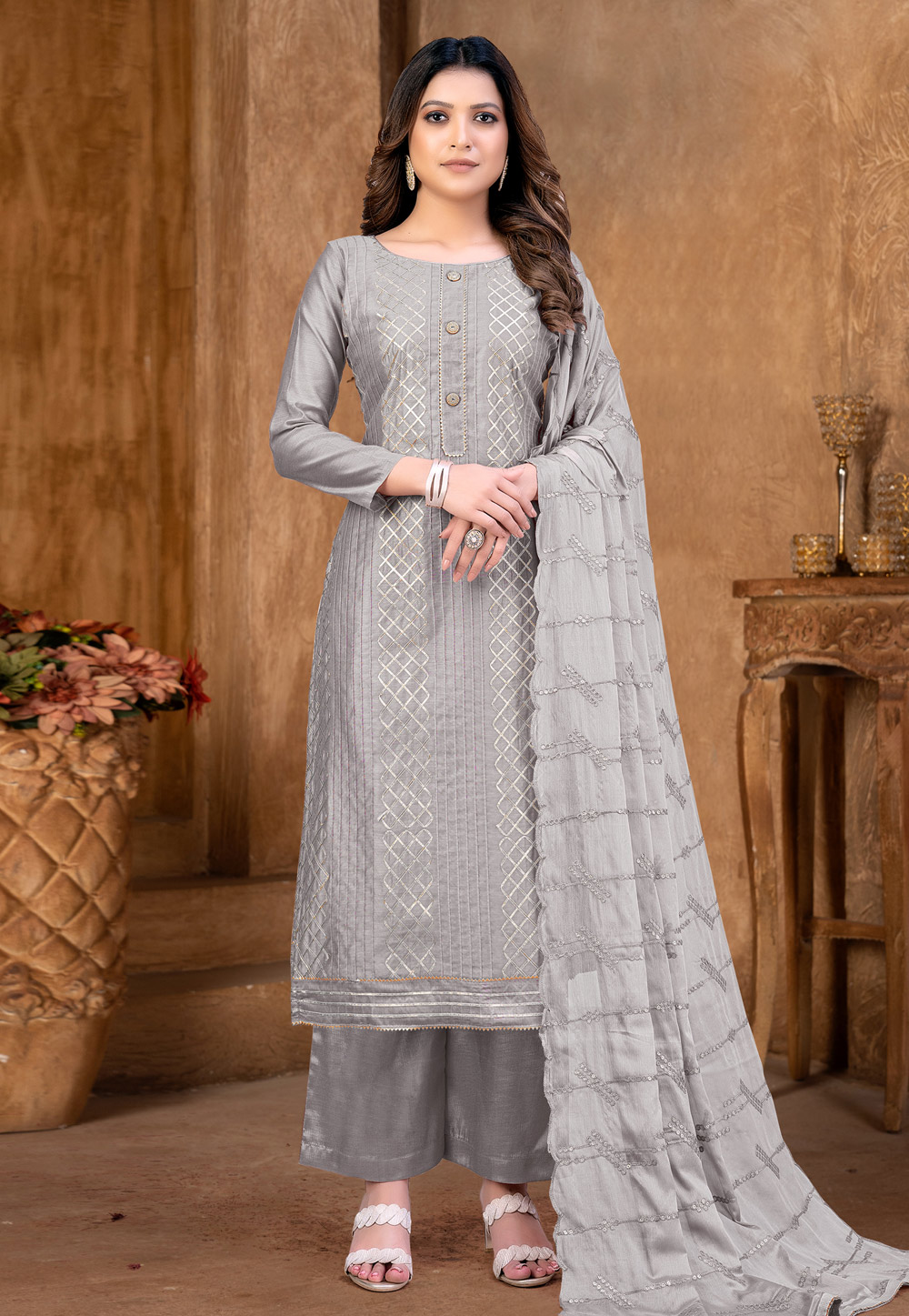 Grey Chanderi Cotton Palazzo Suit 257581