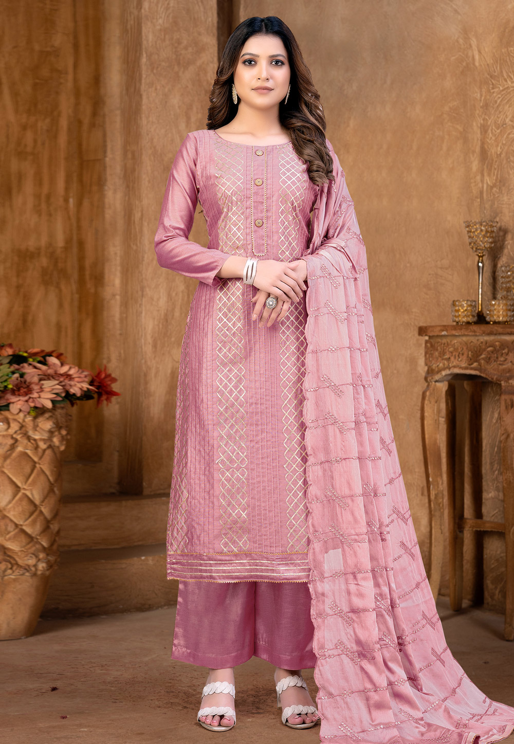 Pink Chanderi Cotton Palazzo Suit 257582