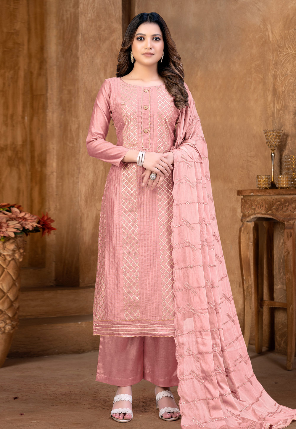 Pink Chanderi Cotton Palazzo Suit 257584