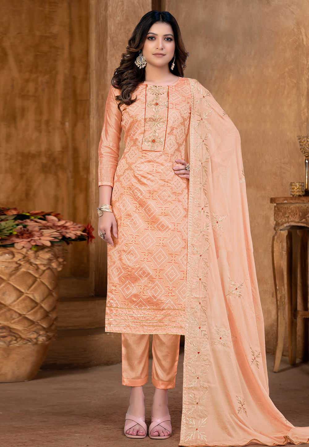 Peach Cotton Pant Style Suit 257586