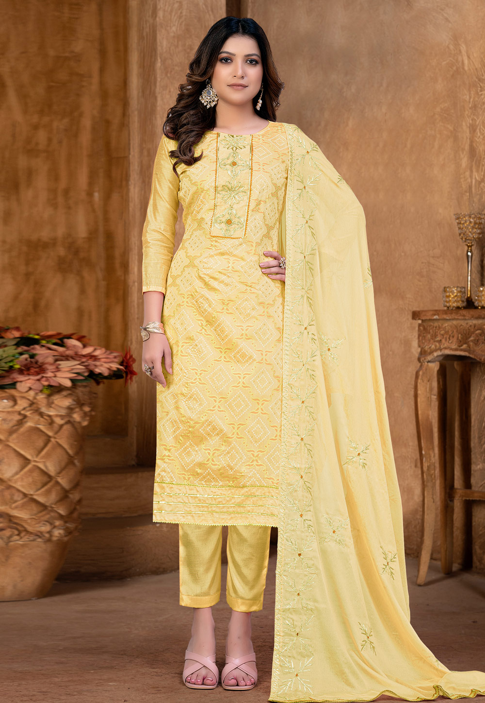 Yellow Cotton Pant Style Suit 257587