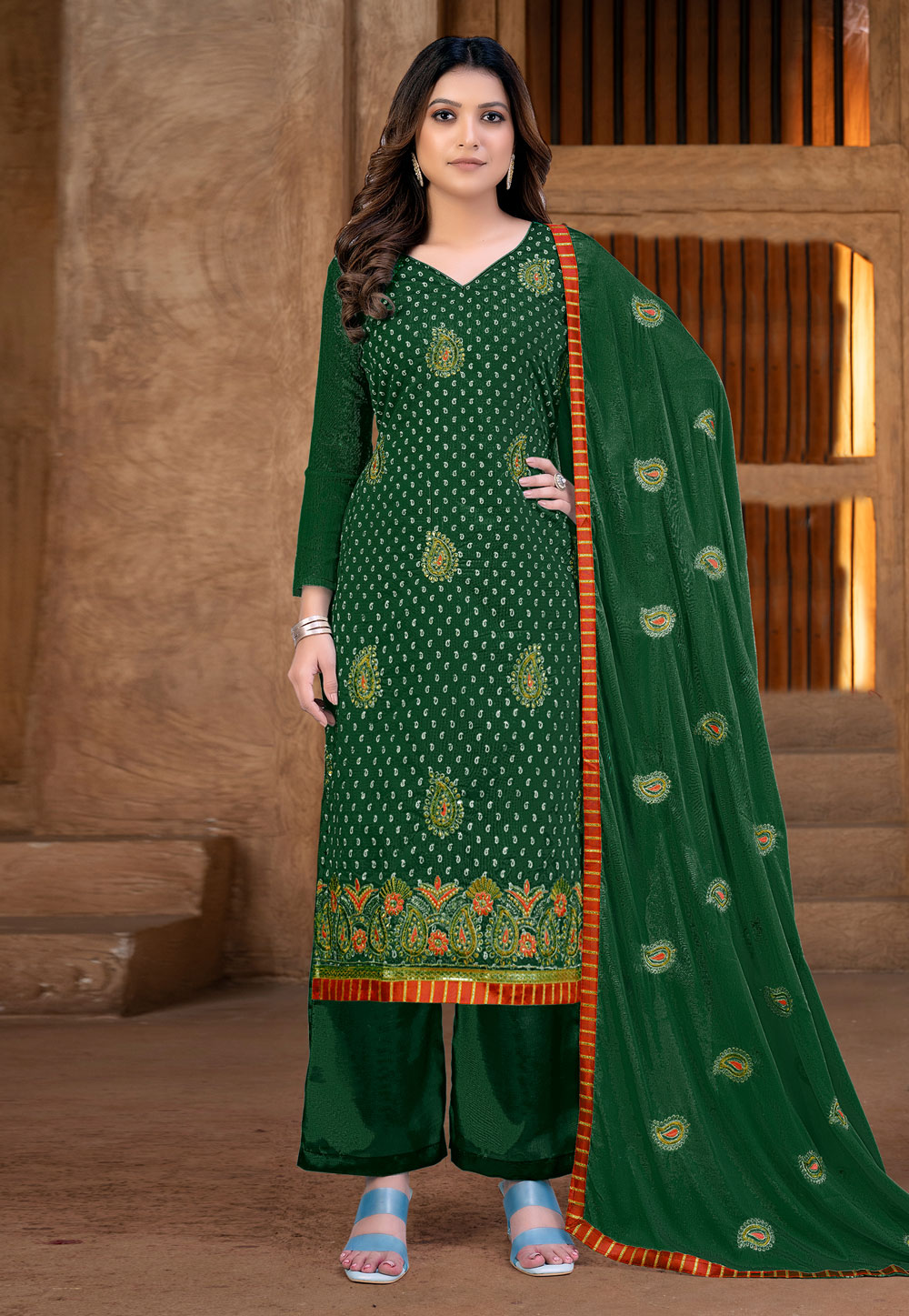 Green Cotton Palazzo Suit 257591
