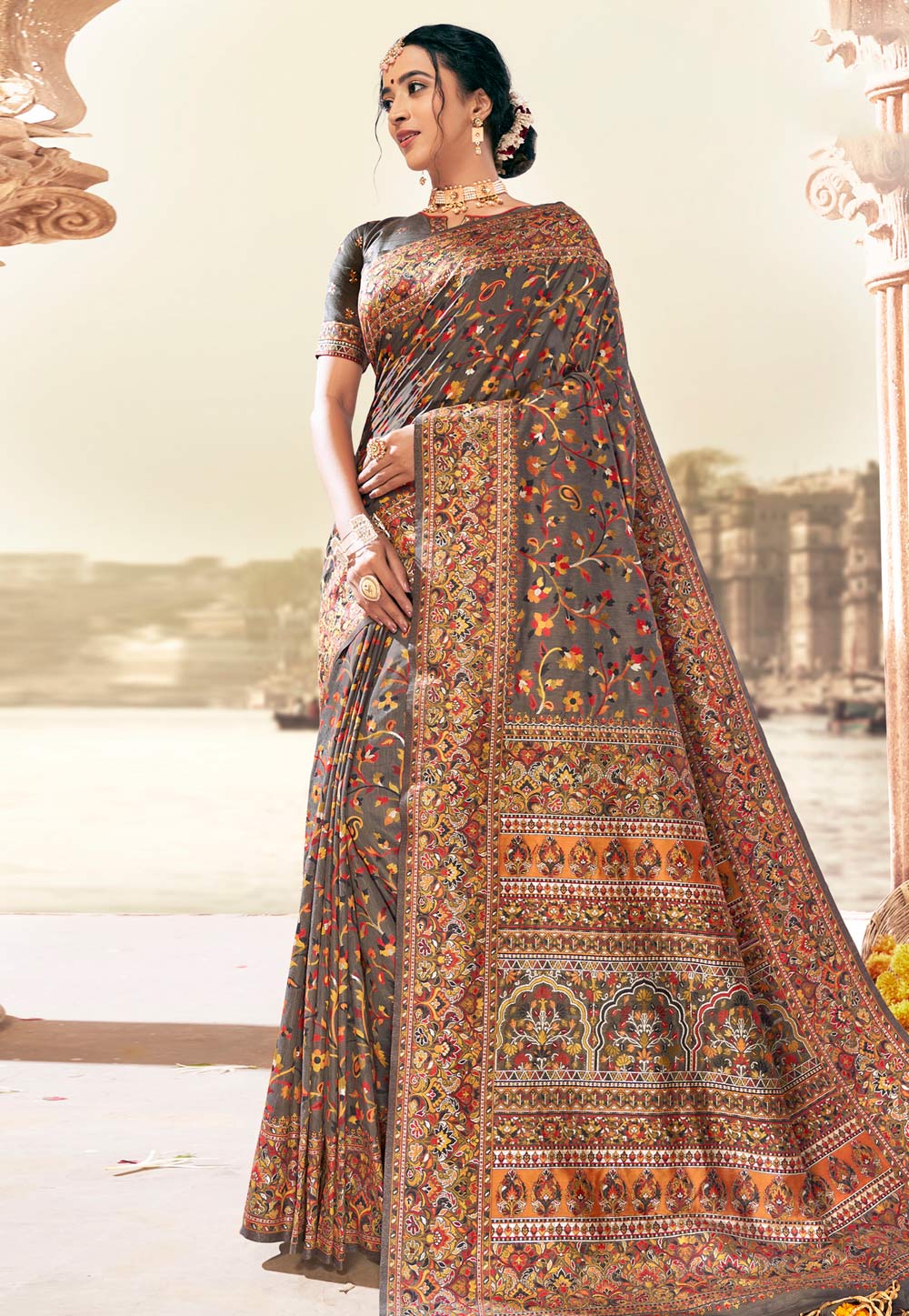 Grey Banarasi Silk Festival Wear Saree 213674