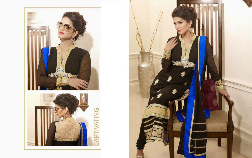 Sunny Leone Black Resham Work Party Wear Salwar Suit 33799