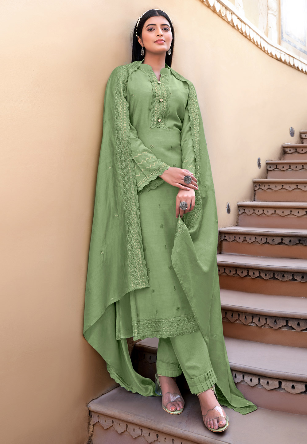 Light Green Viscose Pant Style Suit 244863