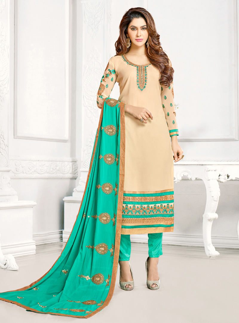 Cream Georgette Pant Style Suit 131650