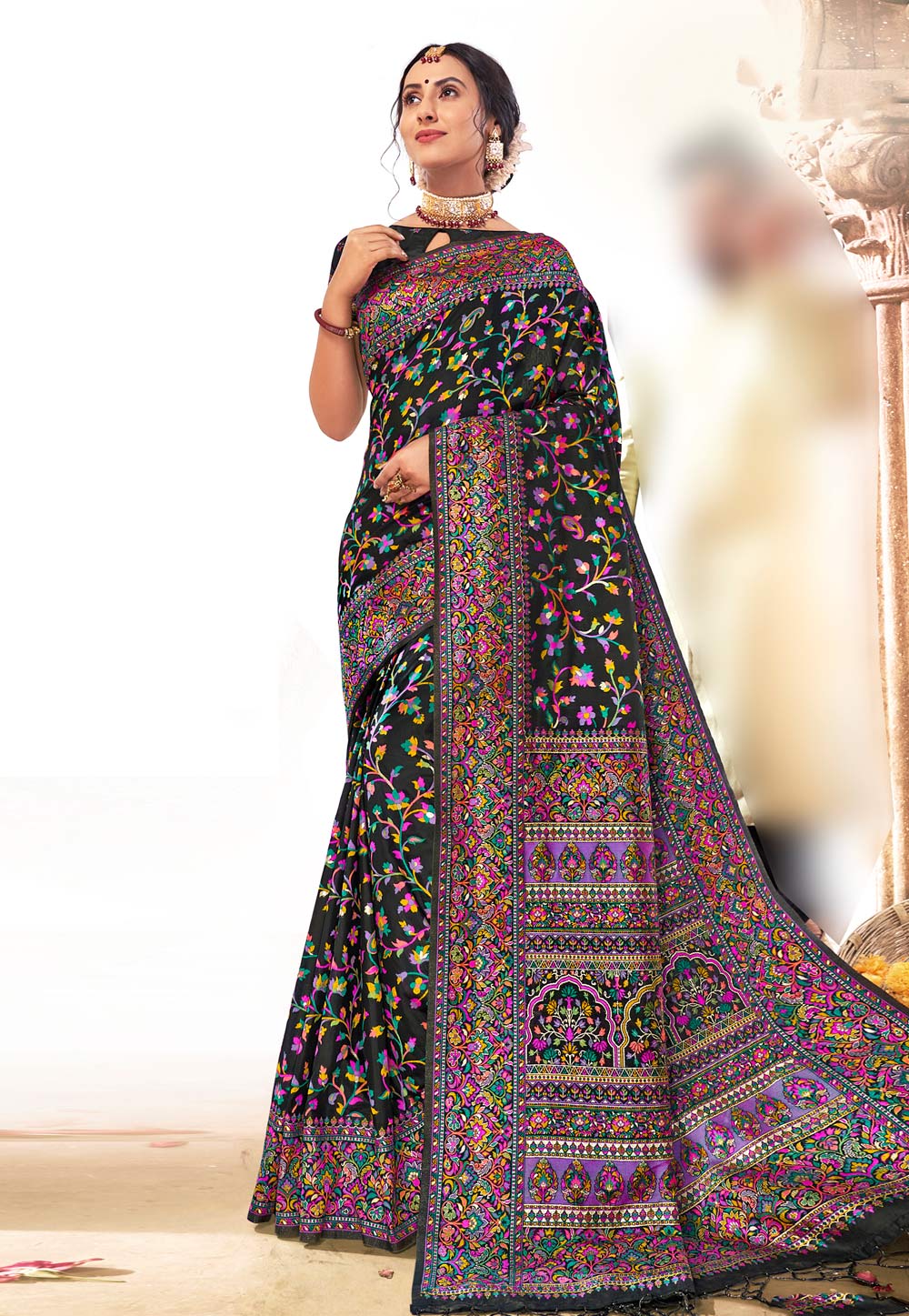 Black Banarasi Silk Saree With Blouse 213675