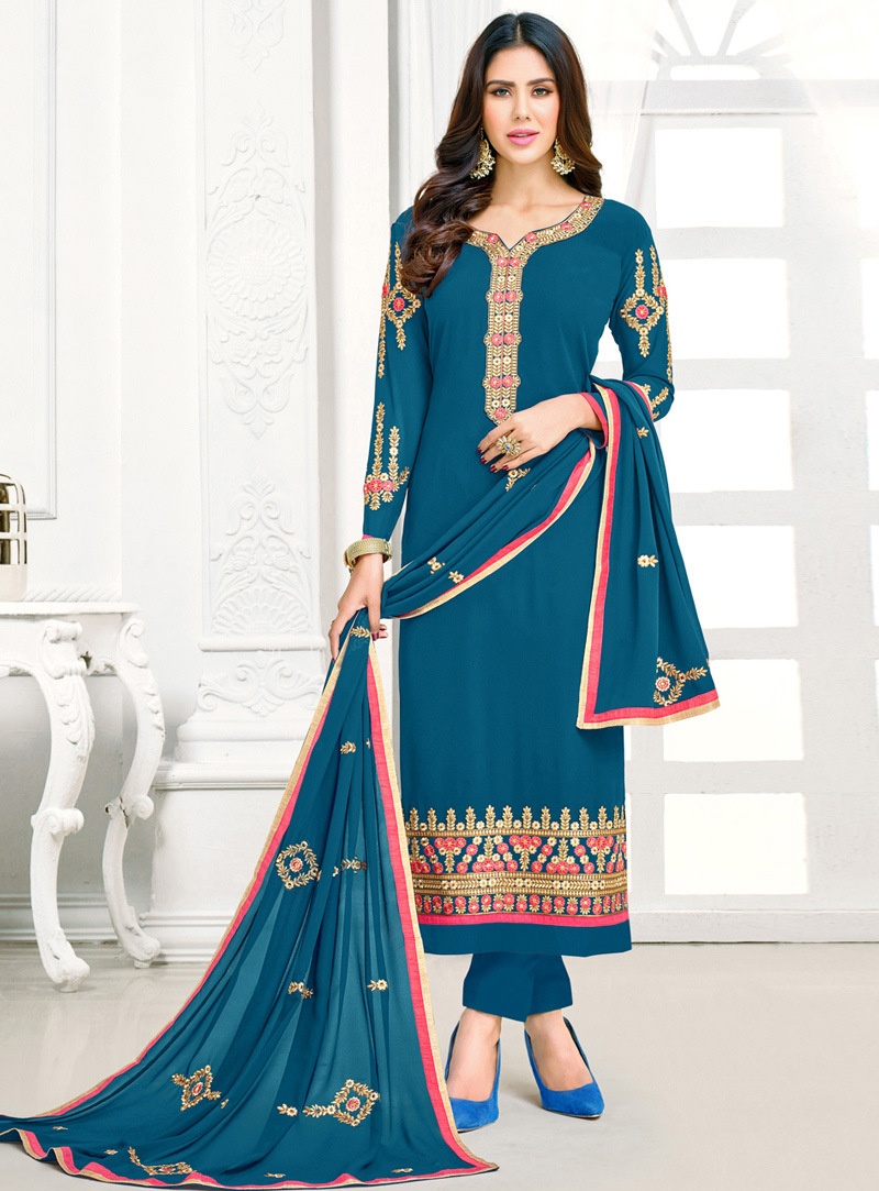 Blue Georgette Pakistani Style Suit 131653