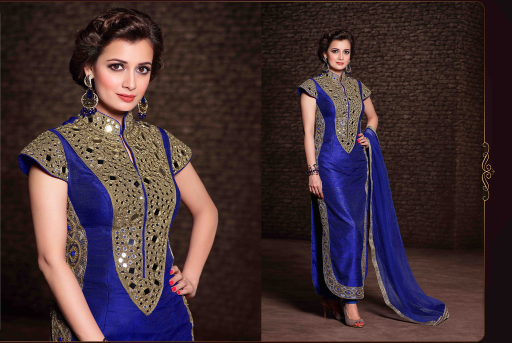 Dia Mirza Royal Blue Banarasi Silk Pakistani Style Suit 54619