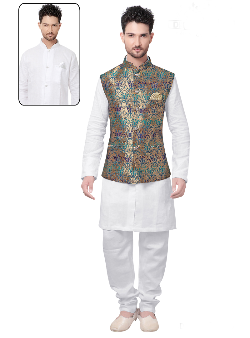 White Linen Readymade Kurta Pajama With Jacket 127830