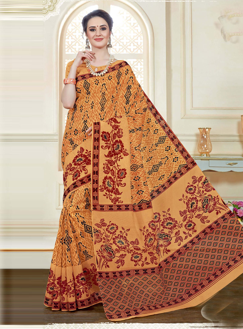 Light Orange Cotton Printed Saree With Blouse 127449