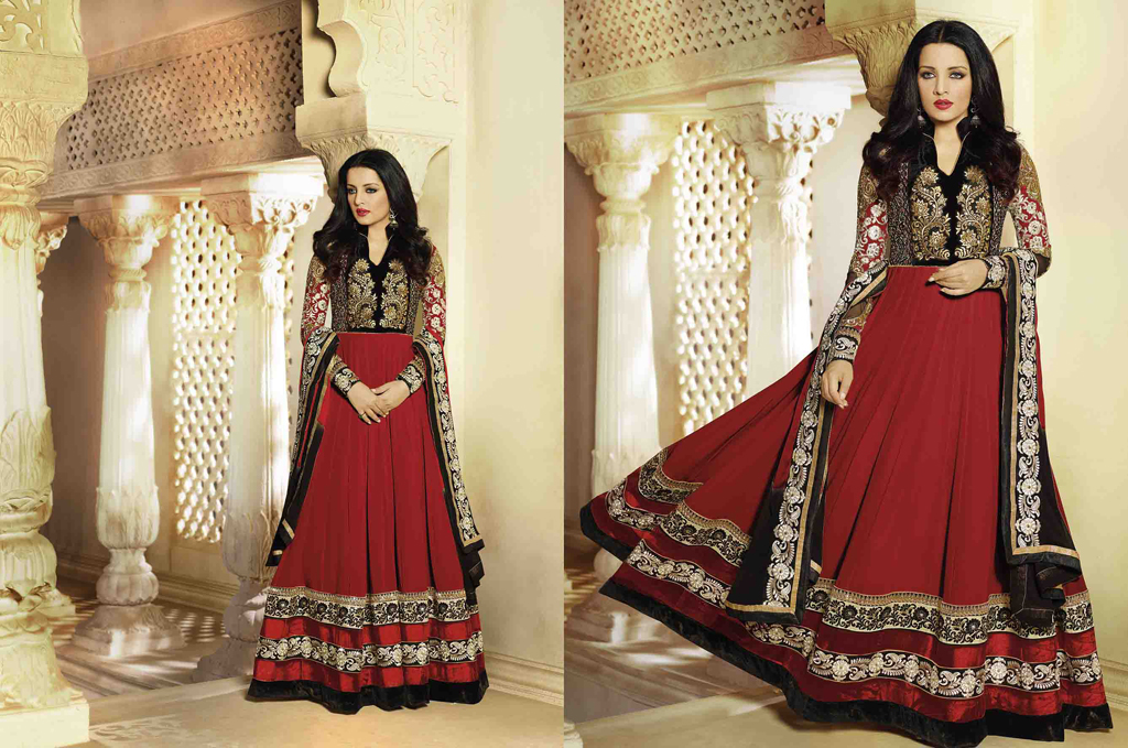 Celina Jaitly Red Georgette Bollywood Anarkali Suit 55818