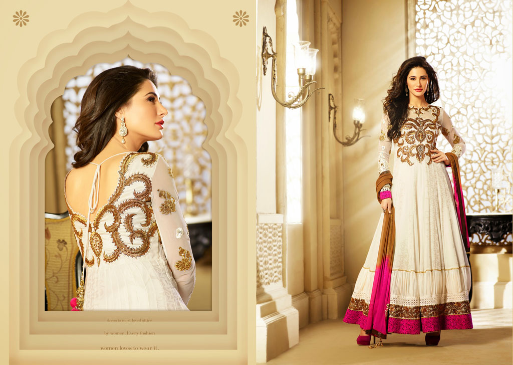 Nargis Fakhri White Lace Work Anarkali Salwar Kameez 33862