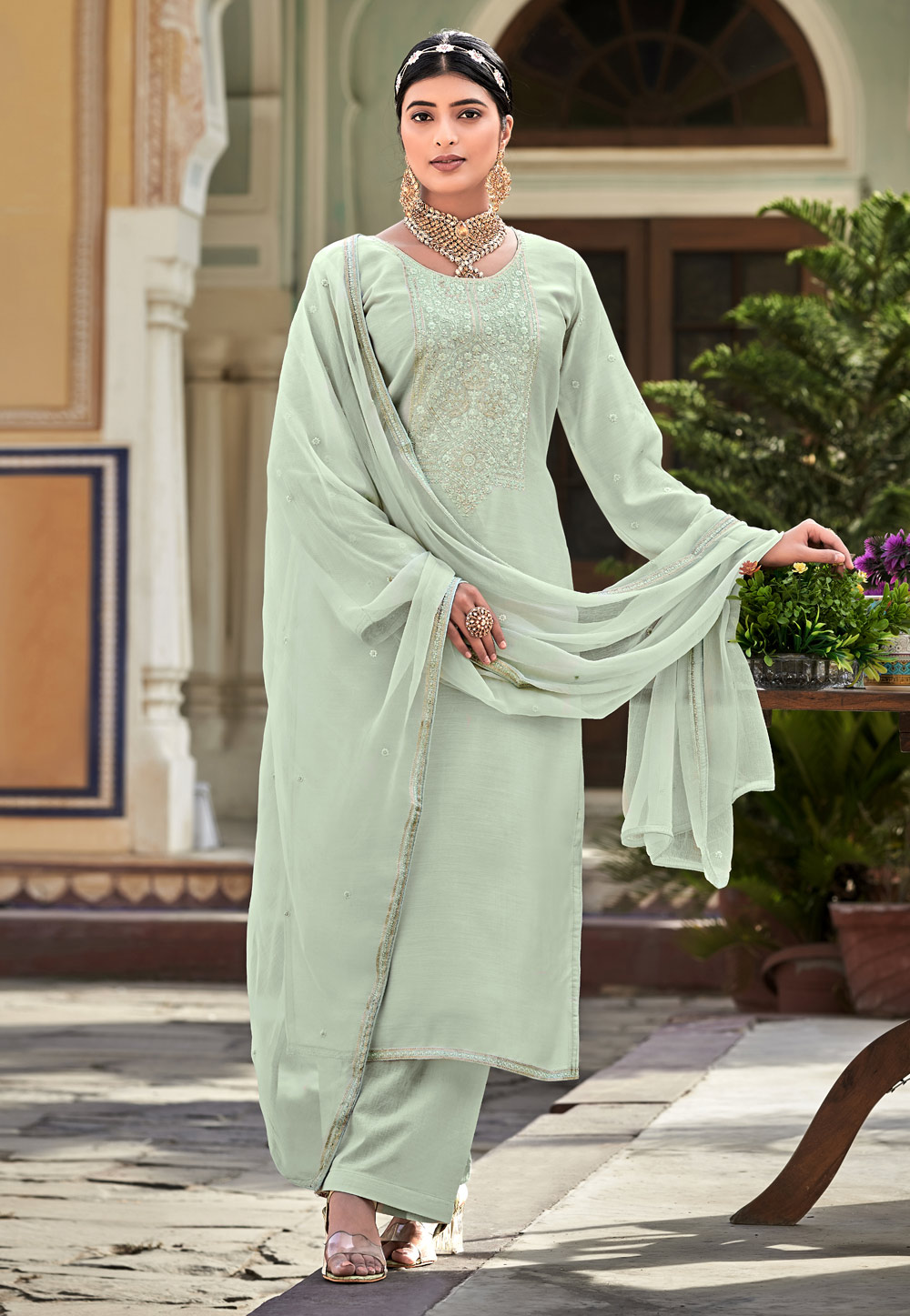 Sea Green Cotton Silk Palazzo Suit 244326