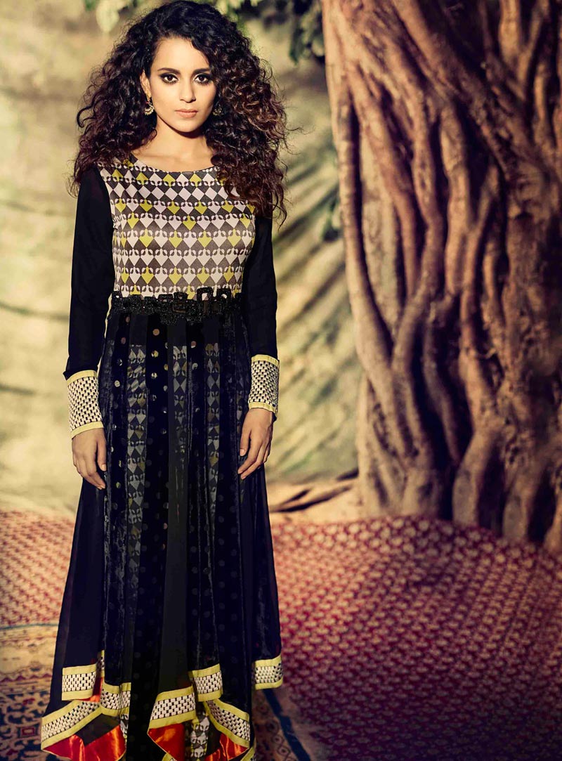 Kangana Ranaut Black Velvet Designer Anarkali Suit 55843