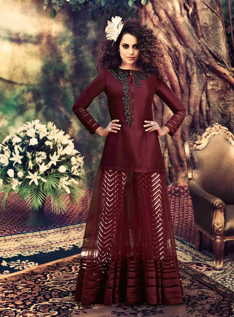 Kangana Ranaut Maroon Net Designer Anarkali Suit 55839