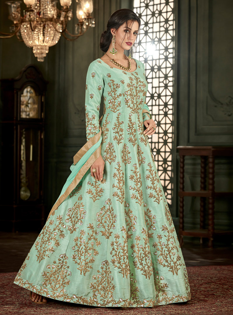 Sea Green Silk Long Anarkali Suit 139808