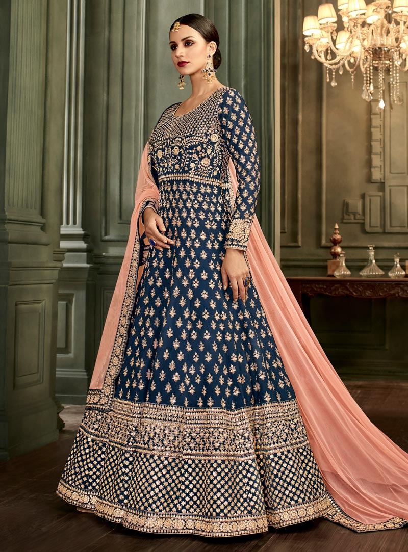 Navy Blue Silk Floor Length Anarkali Suit 139809