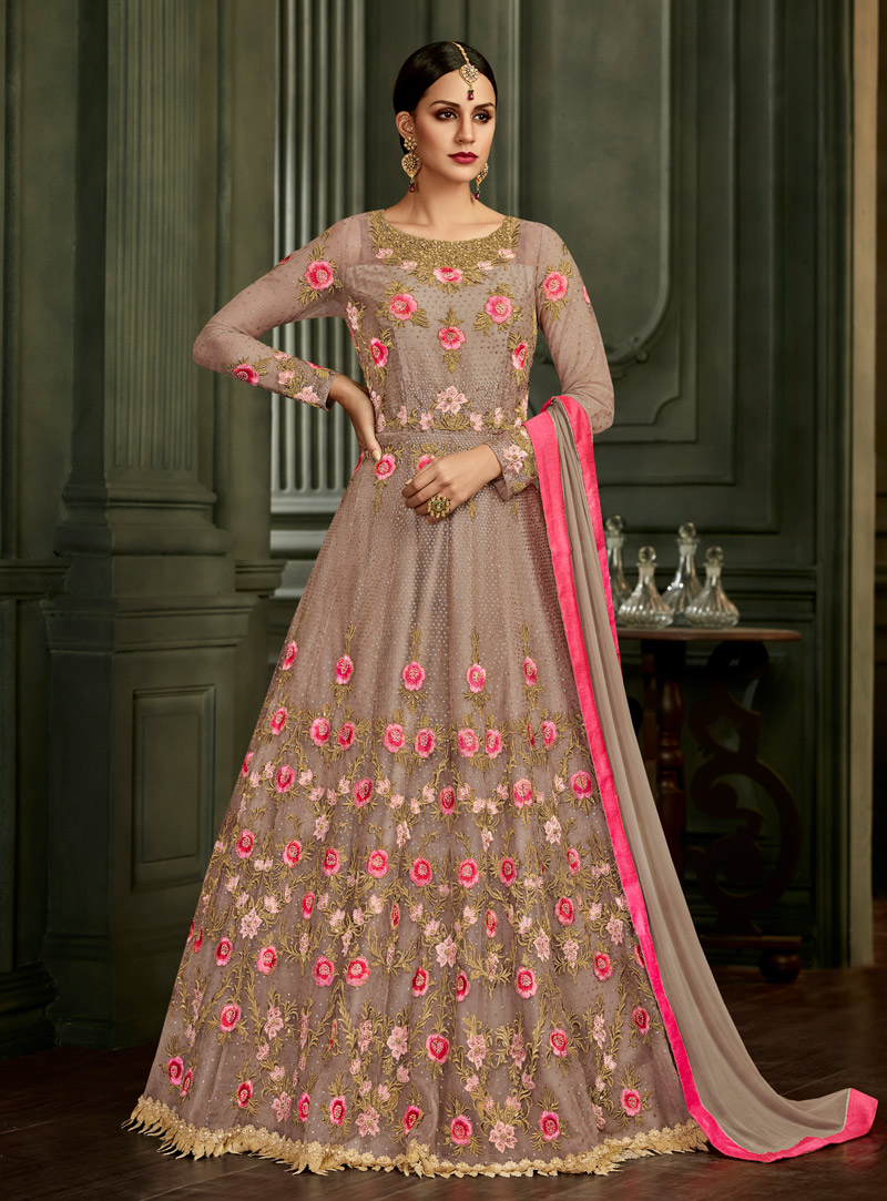 Brown Silk Floor Length Anarkali Suit 139810