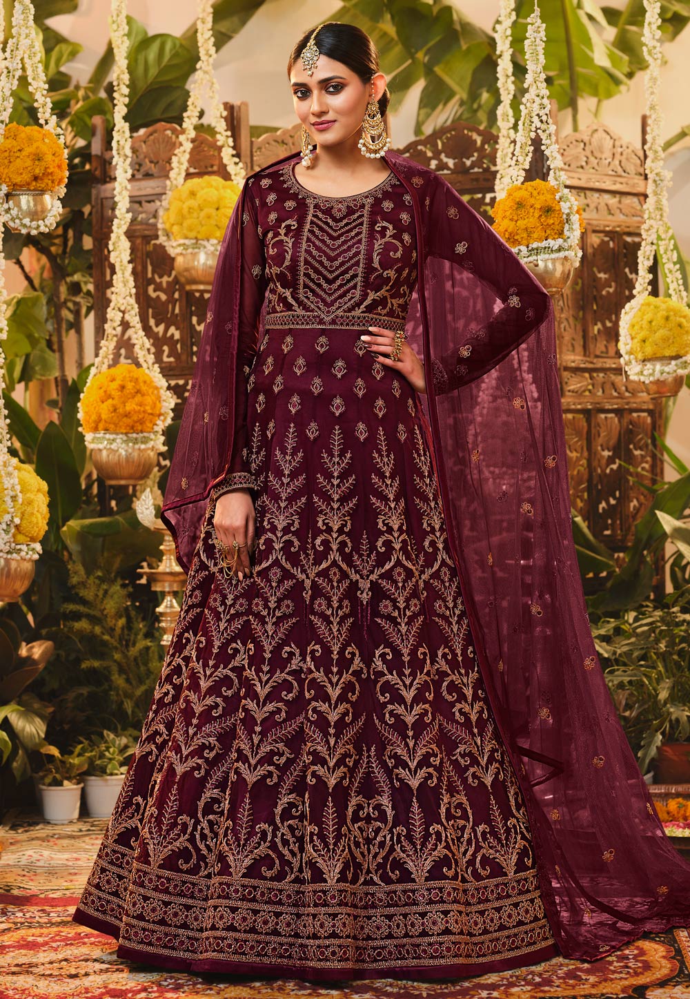 Wine Net Abaya Style Anarkali Suit 245210