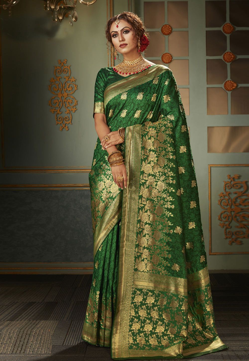 Green Banarasi Silk Saree With Blouse 211072