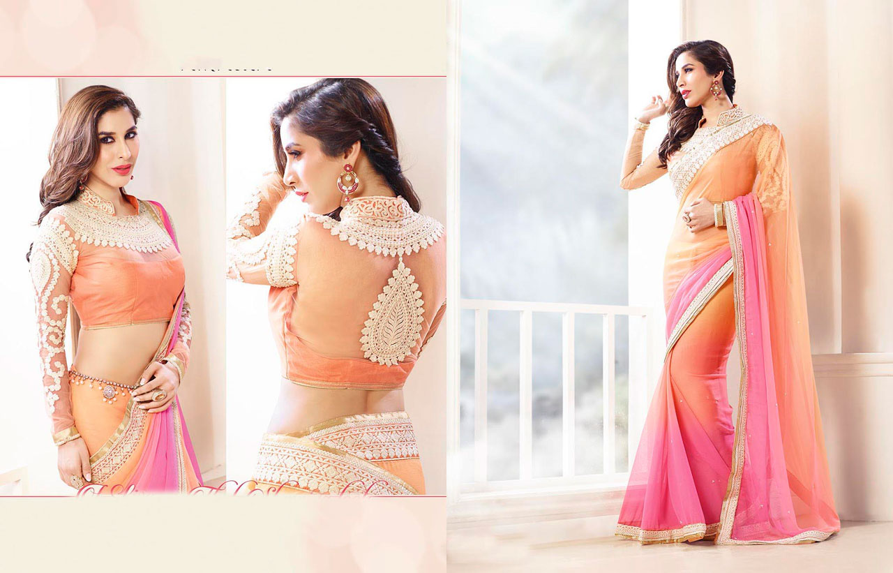 Sophie Choudry Salmon Weight Less Bollywood Saree 43493