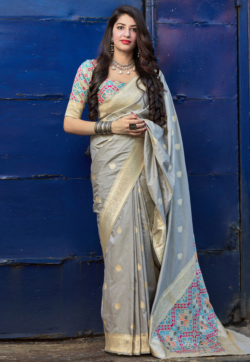 Grey Banarasi Silk Saree With Blouse 209035