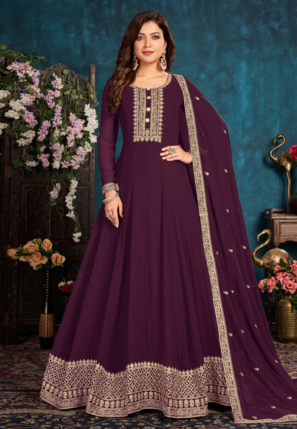 Purple Faux Georgette Abaya Style Anarkali Suit 238054