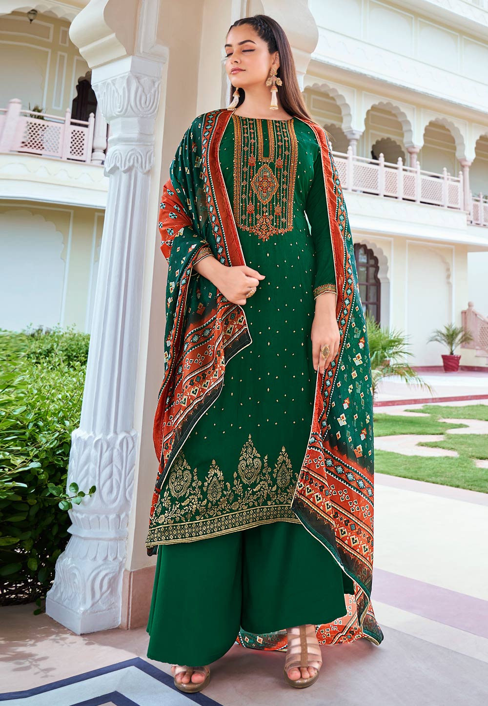 Green Silk Jacquard Palazzo Suit 240502