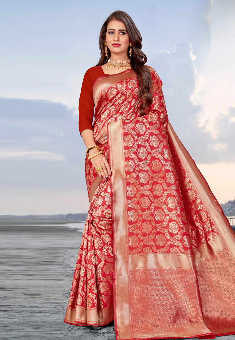 Red Banarasi Silk Festival Wear Saree 217070