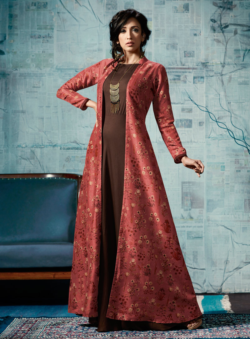 Brown Tussar Silk Readymade Gown With Jacket 142562