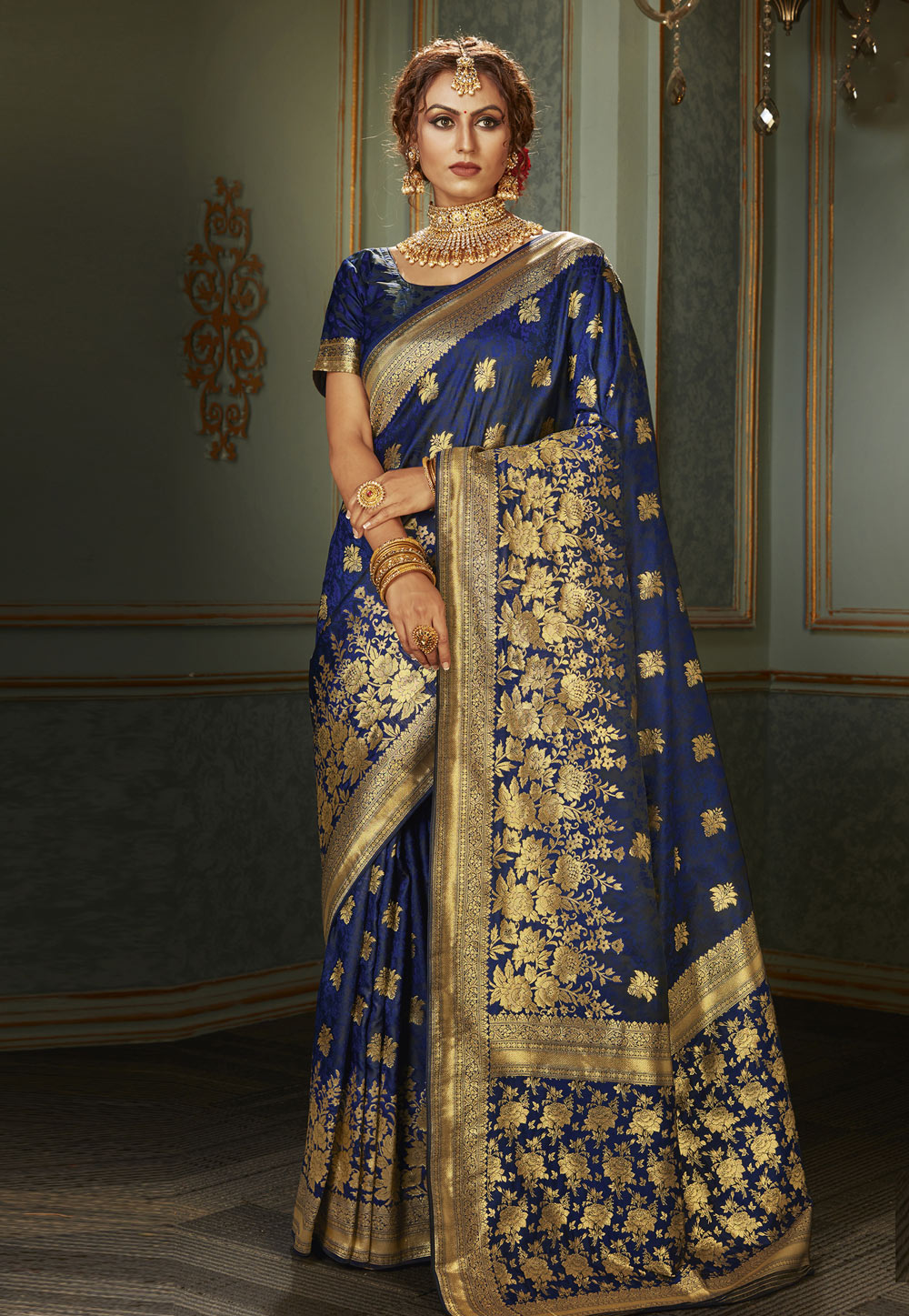 Blue Banarasi Silk Saree With Blouse 211074