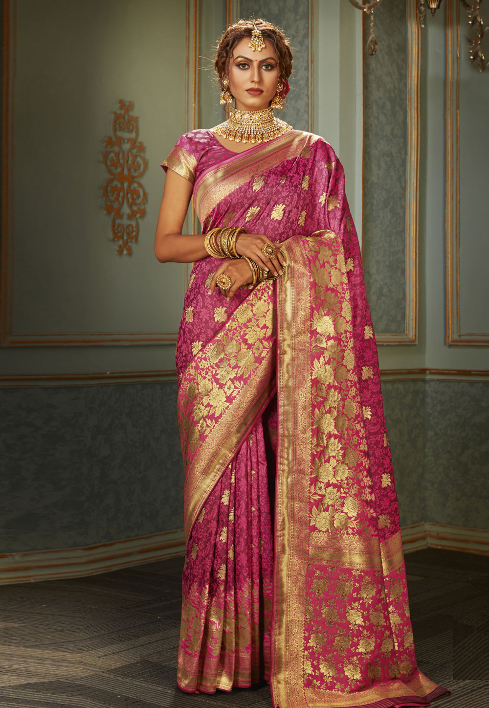 Pink Banarasi Silk Festival Wear Saree 211075
