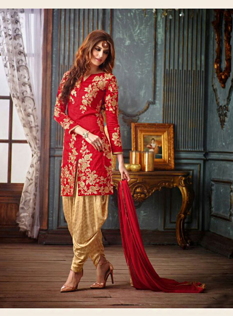 Red Banarasi Silk Punjabi Salwar Kameez 71049