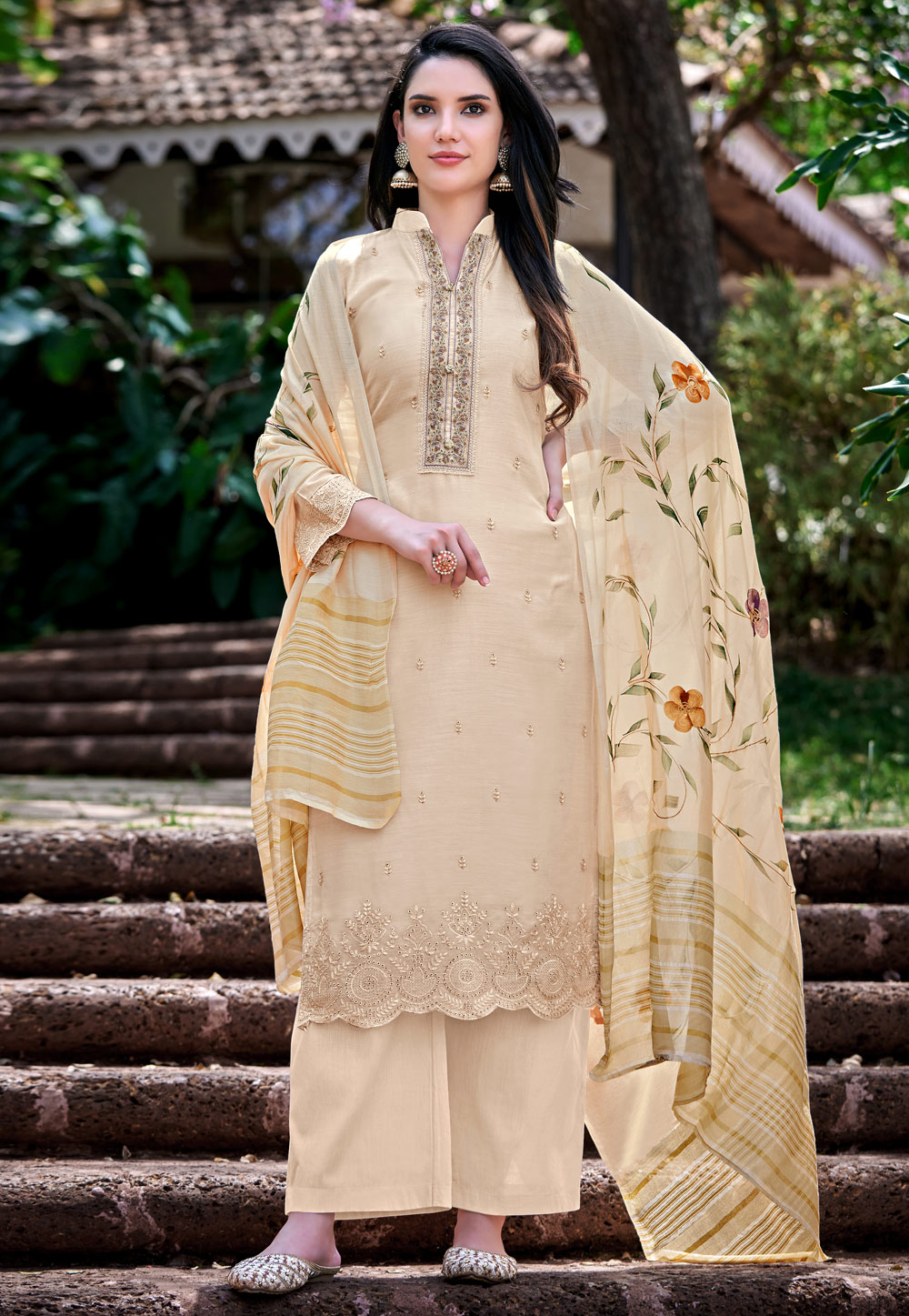 Beige Cotton Silk Pakistani Palazzo Suit 247106