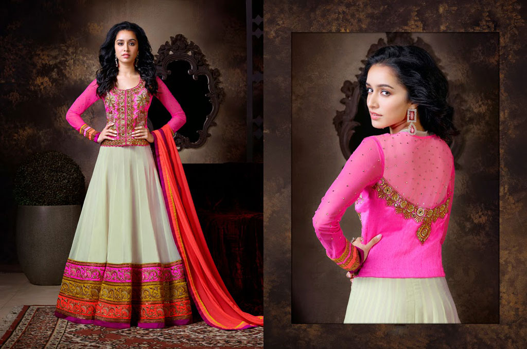 Shraddha Kapoor Cream Resham Work anarkali Suit with Pink Jacket 34114